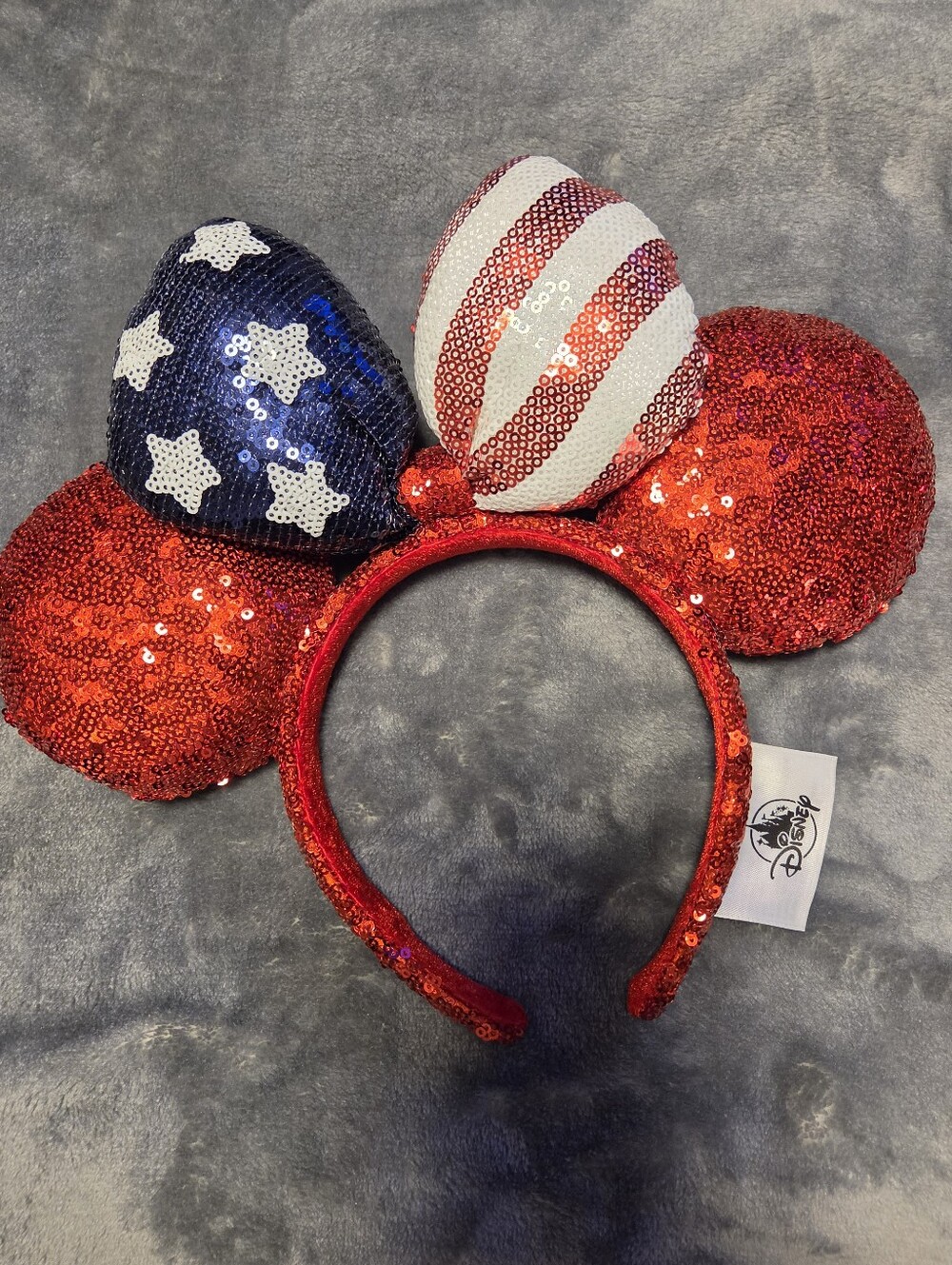 Disney Red Sequin Patriotic Minnie Ears Headband with Blue Star Bow